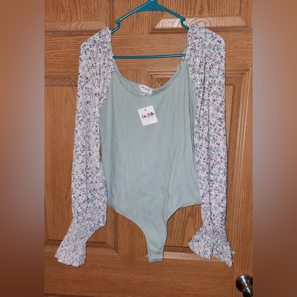 Sage green Ruched Puff Sleeve Bodysuit